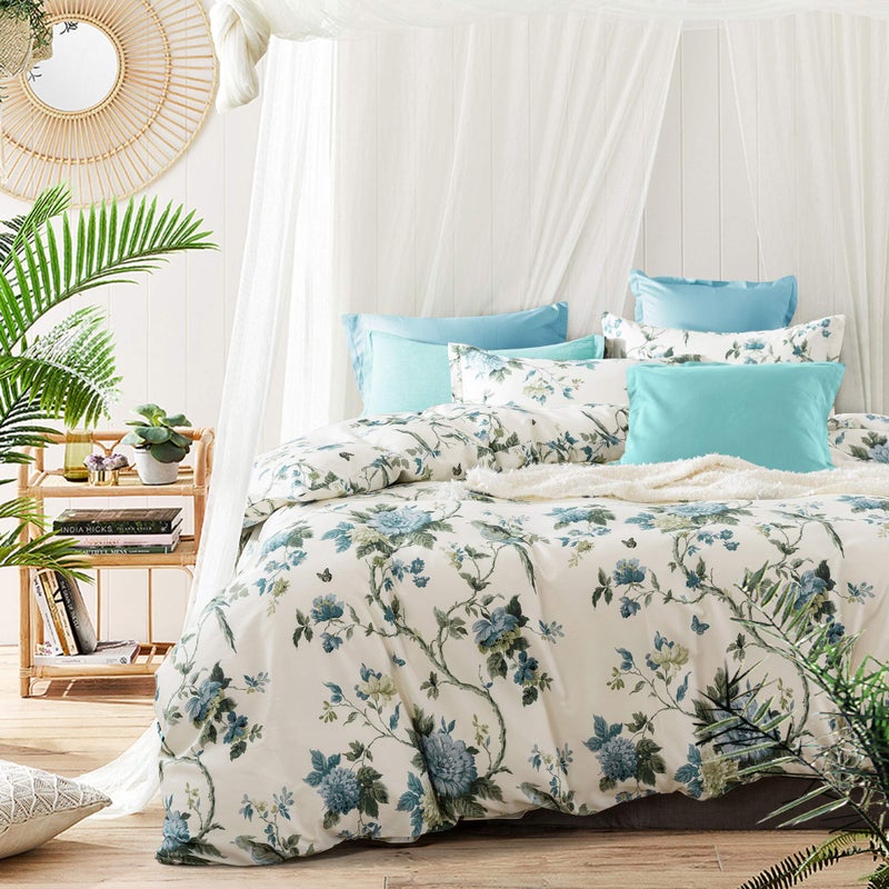Eikei Exotic Modern Floral Print Bedding Birds Flowers Dusty Grey Design 100% Cotton Duvet Cover 3pc Set Hibiscus Blossom Branches in Muted Gray Blue (King, Citronelle Green) - Image 1